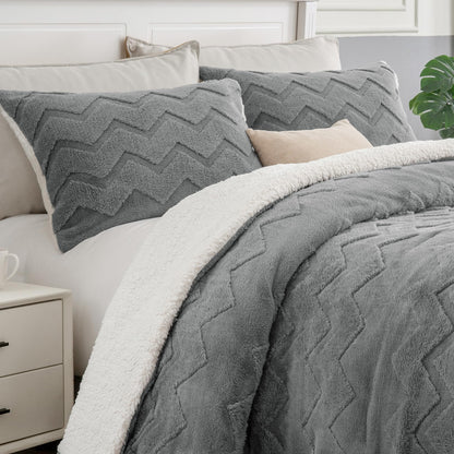 BEDELITE Fluffy Sherpa Queen Comforter Set,Grey