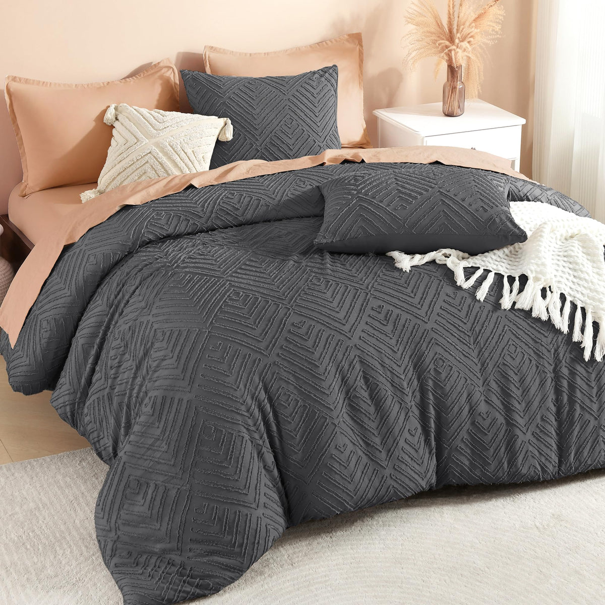 Litanika King Size Comforter Set, 3 Pieces Beige Tufted Boho Bedding Set