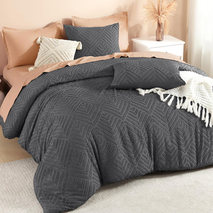 Litanika King Size Comforter Set, 3 Pieces Beige Tufted Boho Bedding Set