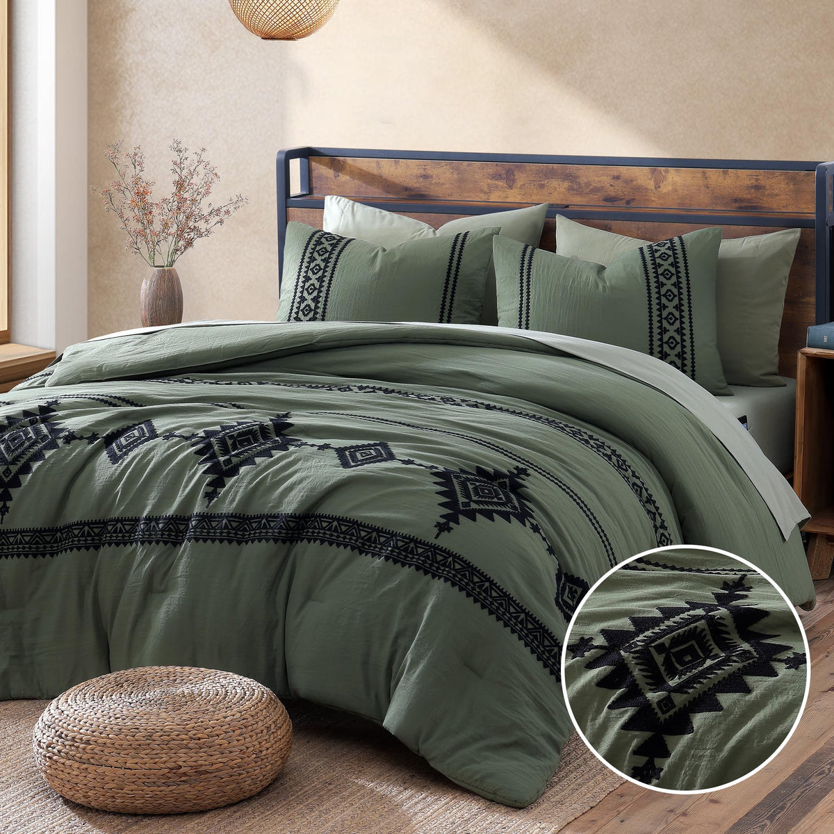 MaiRêve Embroidery Queen Comforter Set 7 Pieces Burnt Orange Bed in a Bag