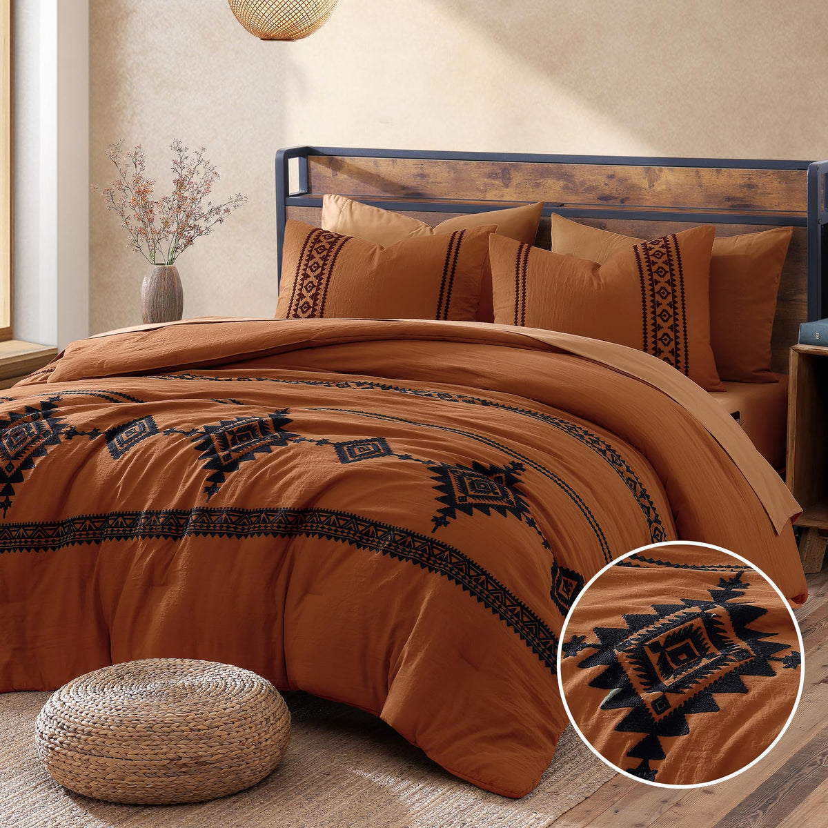MaiRêve Embroidery Queen Comforter Set 7 Pieces Burnt Orange Bed in a Bag