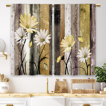 Teal Farmhouse Daisy Kitchen Curtains Wooden Flower Small Short Cafe Window Curtains Rustic Floral Butterfly Country Bathroom Drapes Treatment Tier Curtains 2 Panels (27.5x39 Inch)