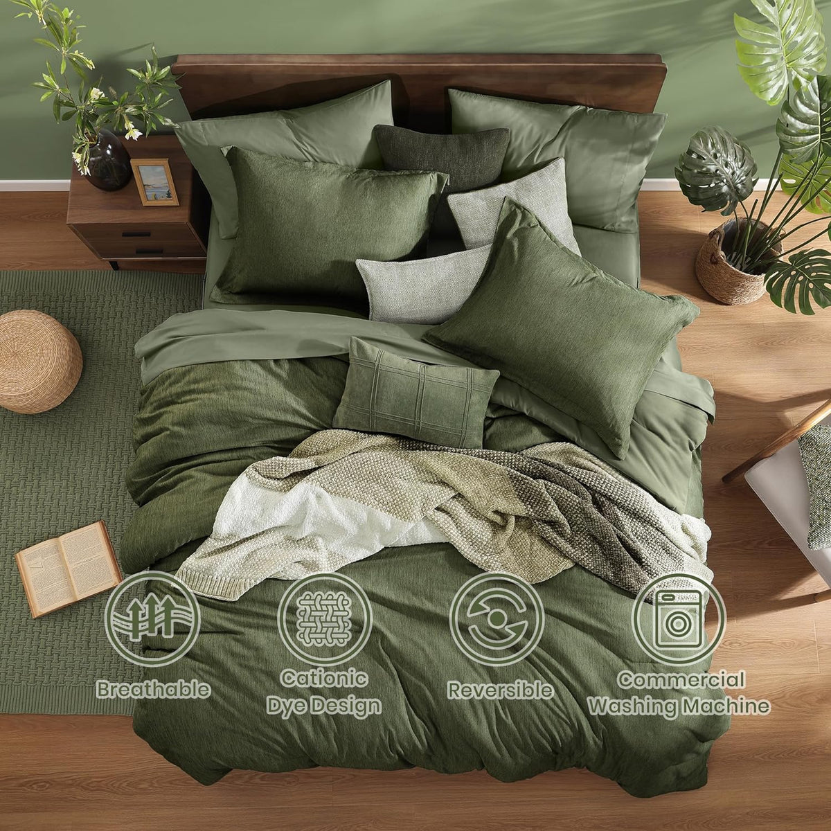 Monbix Queen Comforter Set 7 Pieces Cationic Green Bed in a Bag