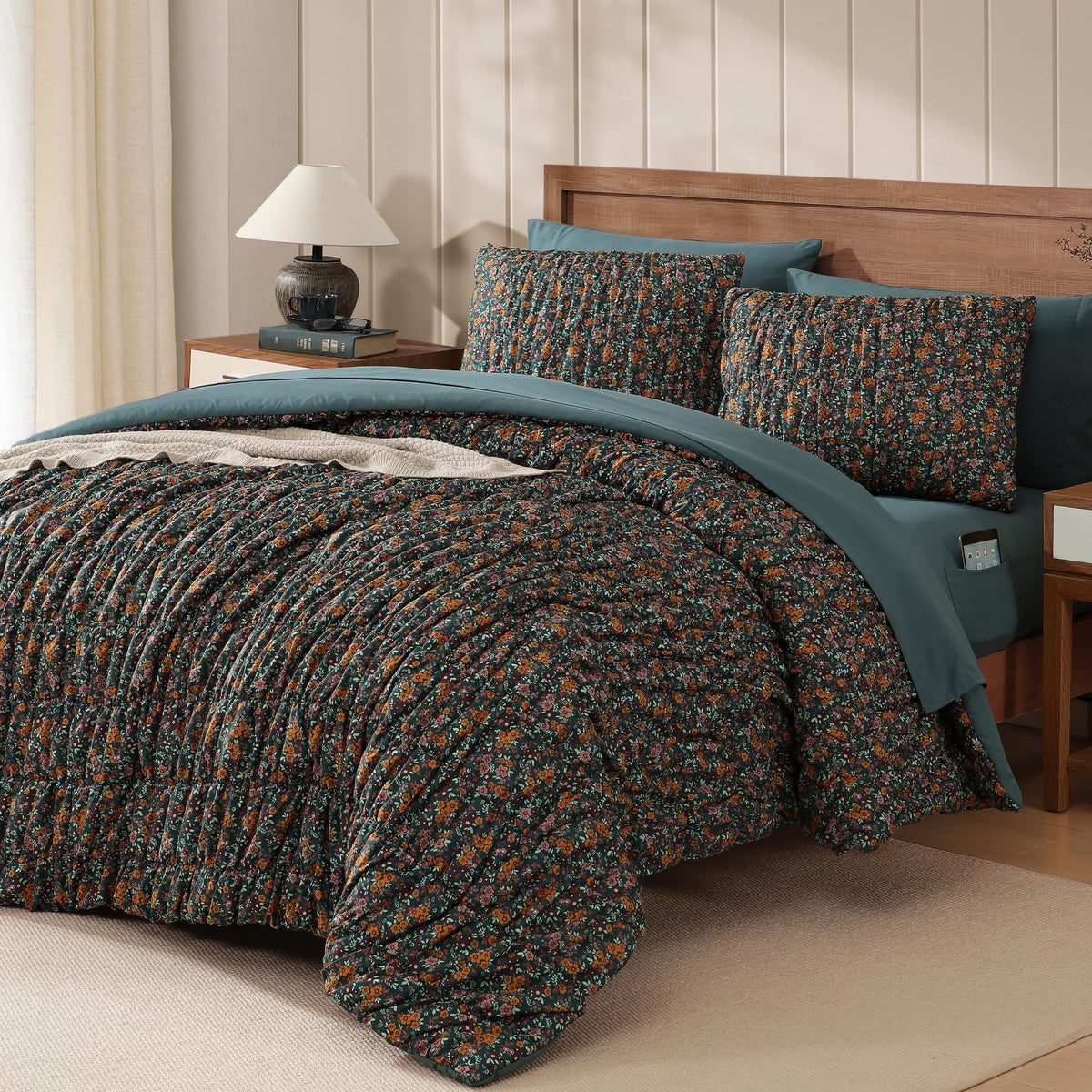 Full Size Comforter Sets - 3 Pieces Blue Ruched Floral Full Bedding Set