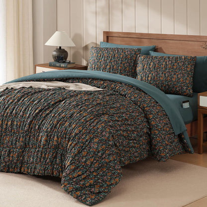 Full Size Comforter Sets - 3 Pieces Blue Ruched Floral Full Bedding Set