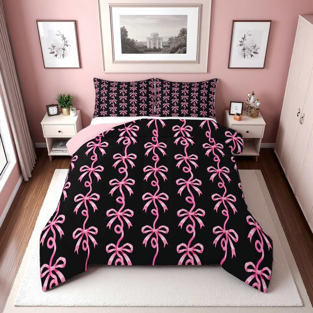 Erosebridal Cute Pink Bow Twin Bedding Set for Girls,Ribbon Bow Knot Comforter Set for Kids Kawaii Room Decor,Princess Bowknot Bed Set Girly Pink Bows Bedding Comforter Sets,1 Pillowcase