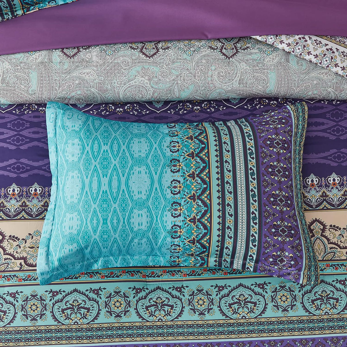 Cottolester Boho Comforter Set Queen Size 8 Piece Bed in a Bag Bohemian Striped Bedding Quilt Set Aqua Paisley Floral Comforter and Sheet Set,Soft Microfiber Complete Bedding Sets for All Season