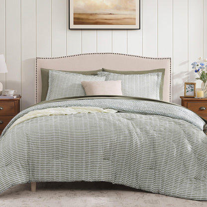 BLOOMHAVEN Queen Comforter Set-7 Pieces Green Plaid Floral Bedding Set