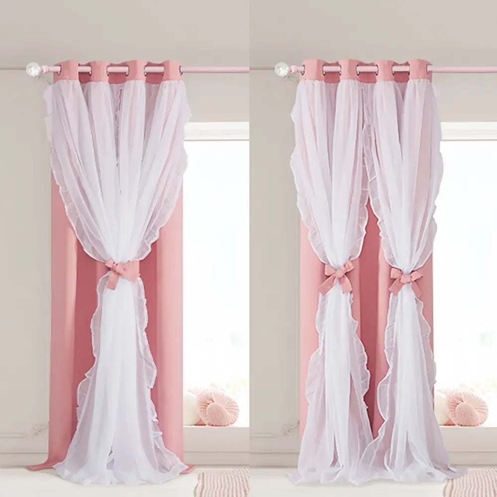 Princess Ruffle Blackout Curtains with Sheer Overlay, Bow Tie Drapes for Girls Bedroom, Grommet Window Curtain Panels, Privacy Grommet Curtains, Home Decorative Curtain, Home Decoration Curtain