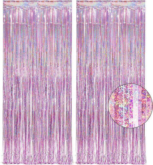 Pink Tinsel Curtain Party Backdrop - GREATRIL Foil Fringe Curtain Lilac Pink Party Streamers for Princess Theme Party Decorations - 2 Packs