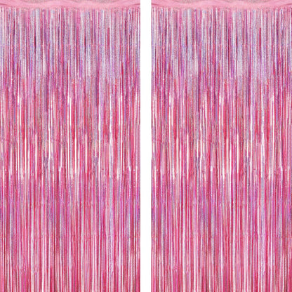 2 Pack Glitter Pink Backdrop, 3.28 FT x 7.05 FT Birthday Party Decorations, Laser Pink Fringe Curtains Foil Streamer Tinsel, Pink Curtains Photo Backdrop Happy Birthday Valentines Day Backdrop