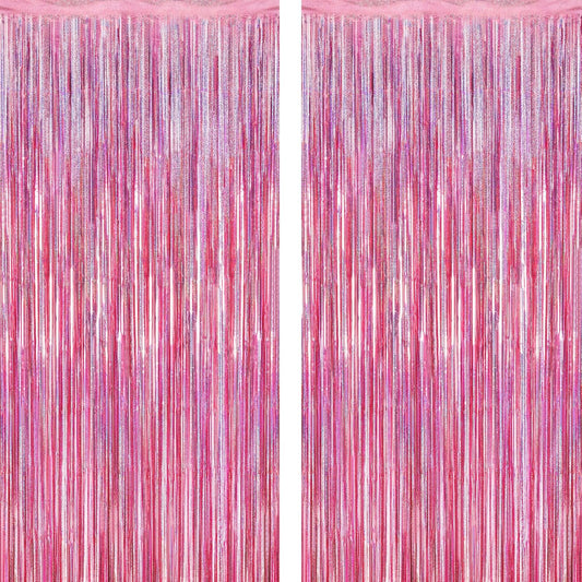 2 Pack Glitter Pink Backdrop, 3.28 FT x 7.05 FT Birthday Party Decorations, Laser Pink Fringe Curtains Foil Streamer Tinsel, Pink Curtains Photo Backdrop Happy Birthday Valentines Day Backdrop