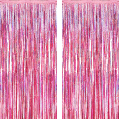 2 Pack Glitter Pink Backdrop, 3.28 FT x 7.05 FT Birthday Party Decorations, Laser Pink Fringe Curtains Foil Streamer Tinsel, Pink Curtains Photo Backdrop Happy Birthday Valentines Day Backdrop