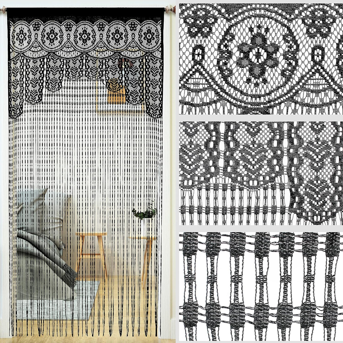 Macrame Lace Door String Curtain for Doorway, Black, 35"W x 79"L, 1 Panel
