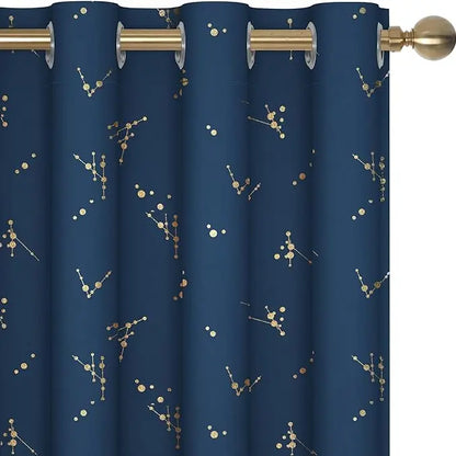 Deconovo 2-Panel Blackout Curtain for Windows - Modern Constellation Style, Gold Star Foil All-Over Print, Thermal Lined, Soundproof Curtains, Silky Smooth Drape, Durable, Machine Washable for Living Room, School Playroom