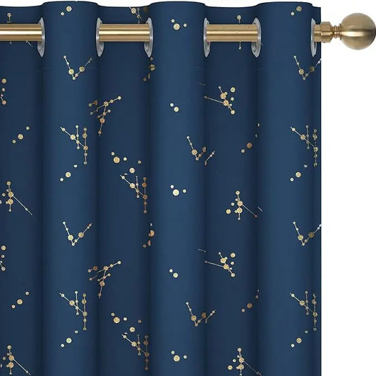 Deconovo 2-Panel Blackout Curtain for Windows - Modern Constellation Style, Gold Star Foil All-Over Print, Thermal Lined, Soundproof Curtains, Silky Smooth Drape, Durable, Machine Washable for Living Room, School Playroom
