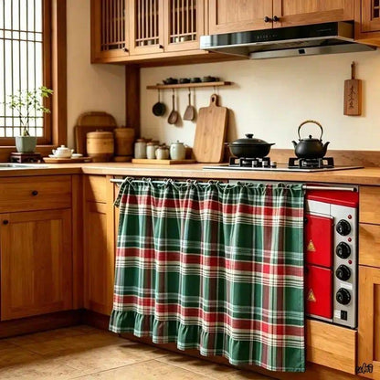 Ruffled Edge Rustic Grid Print Home Decorative Curtain - Soft Fabric Country Chic Dual-Use Drape for Oven, Cabinet Covers, Aesthetic Home Decor