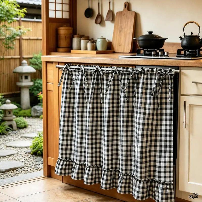 Ruffled Edge Rustic Grid Print Home Decorative Curtain - Soft Fabric Country Chic Dual-Use Drape for Oven, Cabinet Covers, Aesthetic Home Decor