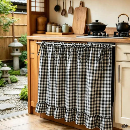 Ruffled Edge Rustic Grid Print Home Decorative Curtain - Soft Fabric Country Chic Dual-Use Drape for Oven, Cabinet Covers, Aesthetic Home Decor