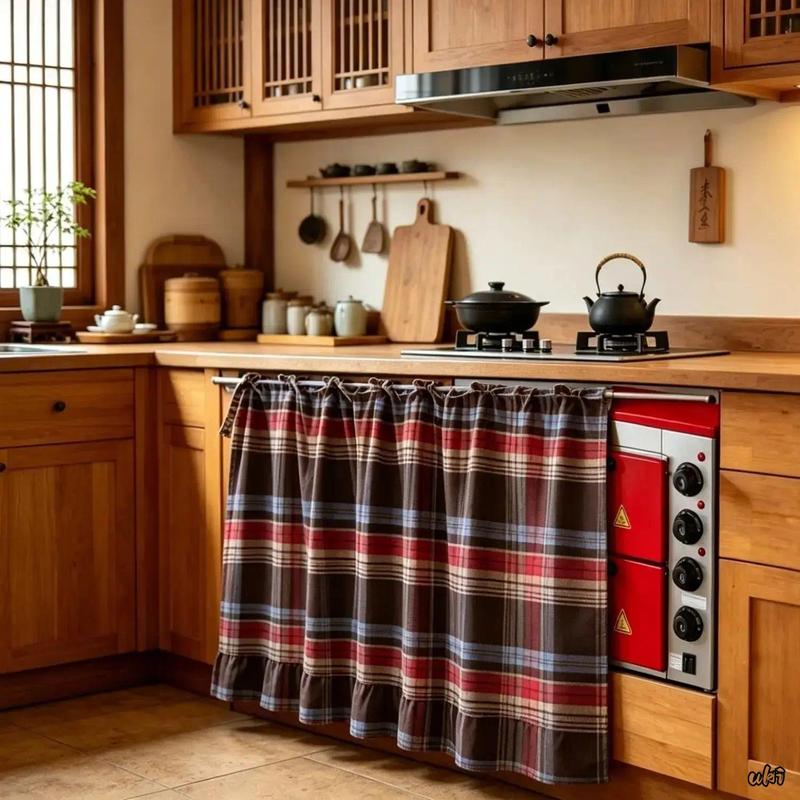 Ruffled Edge Rustic Grid Print Home Decorative Curtain - Soft Fabric Country Chic Dual-Use Drape for Oven, Cabinet Covers, Aesthetic Home Decor