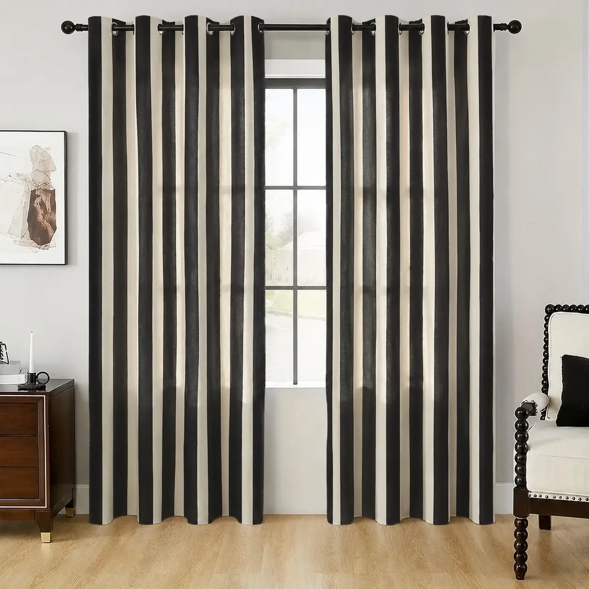 Black and white vertical stripe curtains, Window Curtain, home decoration curtain, Home Decorative Curtain, 2-piece set of semi transparent curtains, modern minimalist style, suitable for living rooms, bedrooms - machine washable polyester fabric