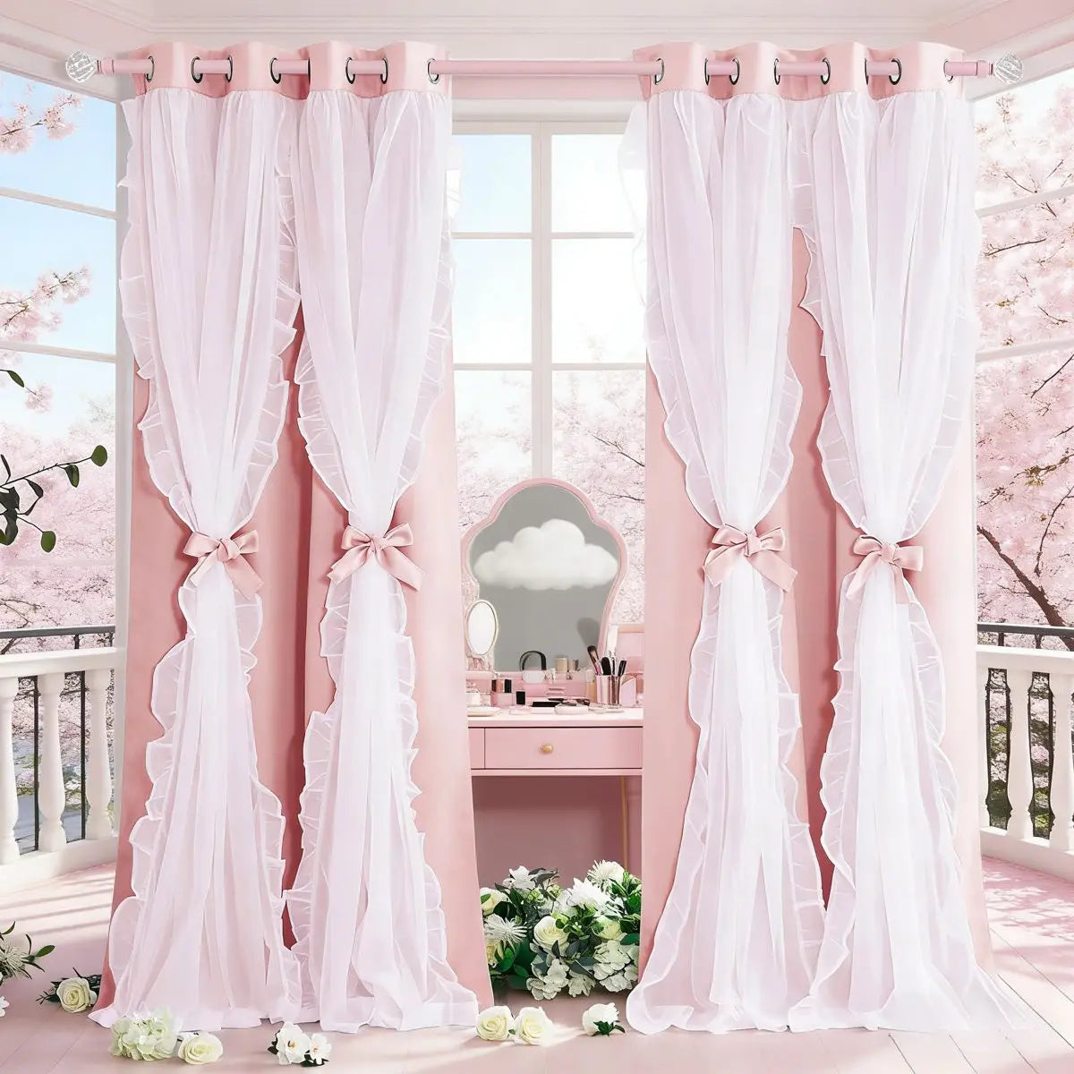 Princess Ruffle Blackout Curtains with Sheer Overlay, Bow Tie Drapes for Girls Bedroom, Grommet Window Curtain Panels, Privacy Grommet Curtains, Home Decorative Curtain, Home Decoration Curtain
